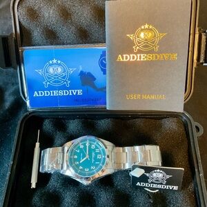 Brand New Addiesdive Teal Blue Quartz Watch Original Box/Papers Plastic Wrapped